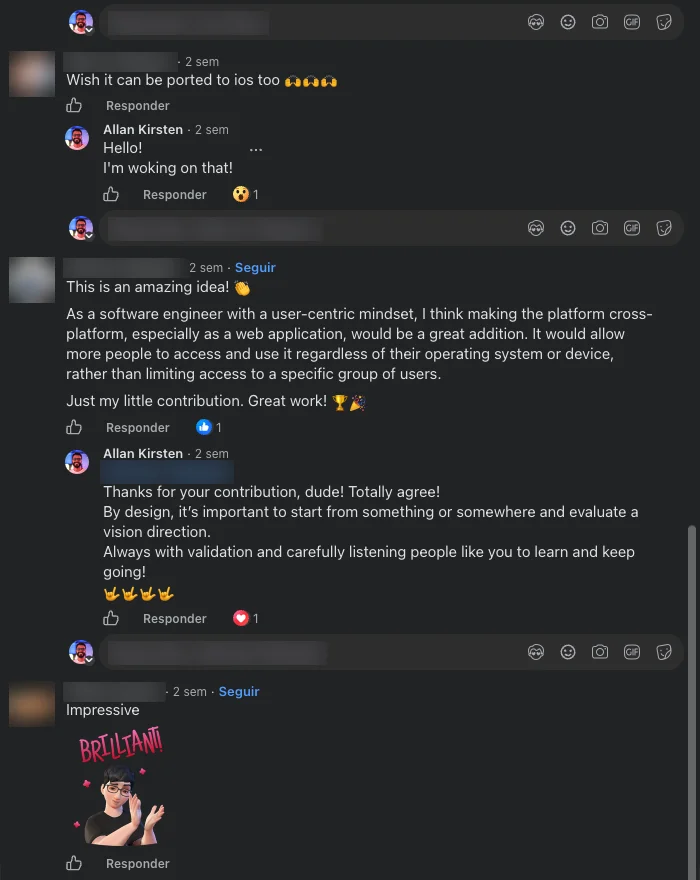 Comentários no grupo BOSS GT-1 Users, com nomes e fotos borrados