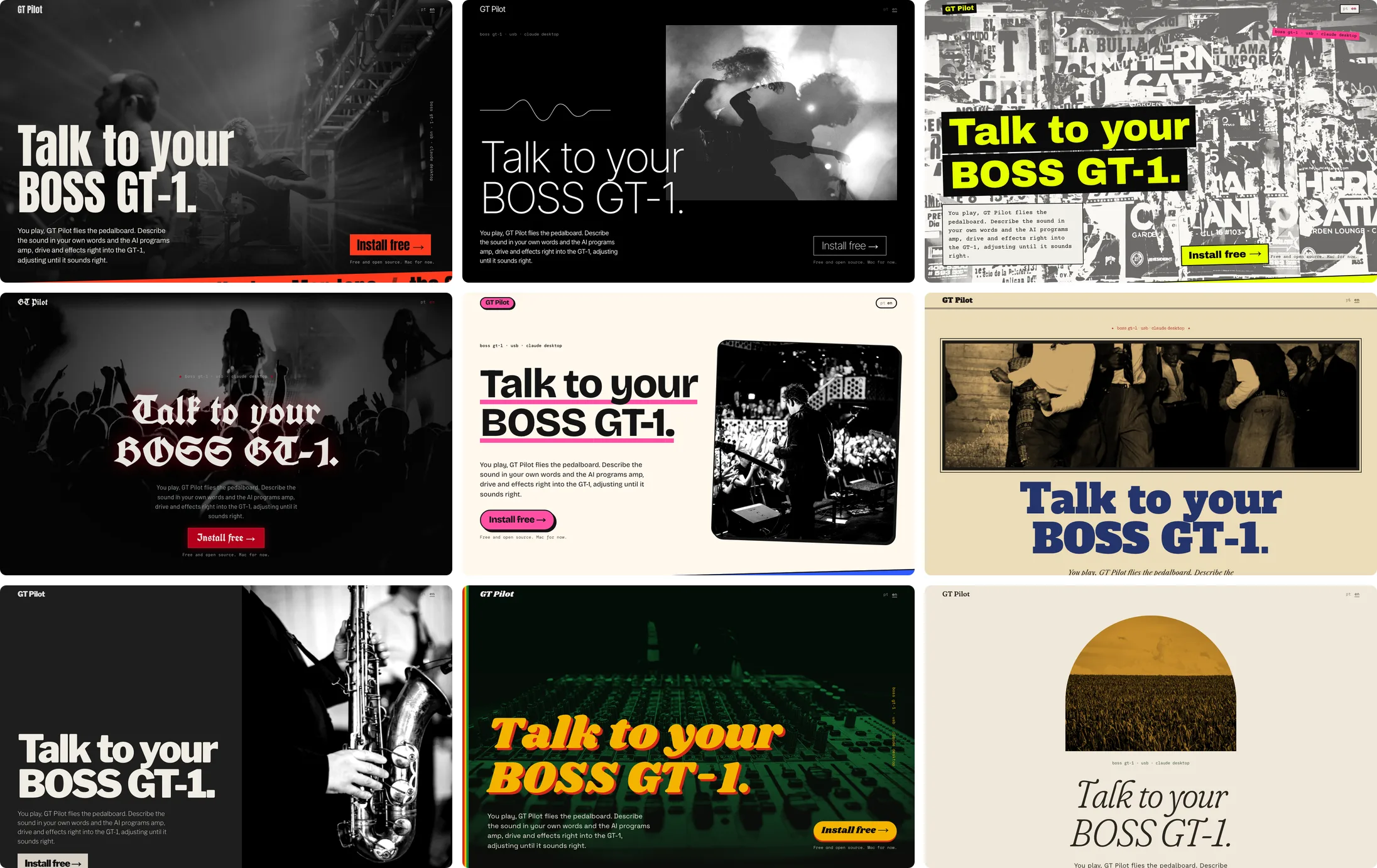 GT Pilot's nine style pages: rock, indie, punk, metal, pop-rock, blues, jazz and bossa, reggae and folk