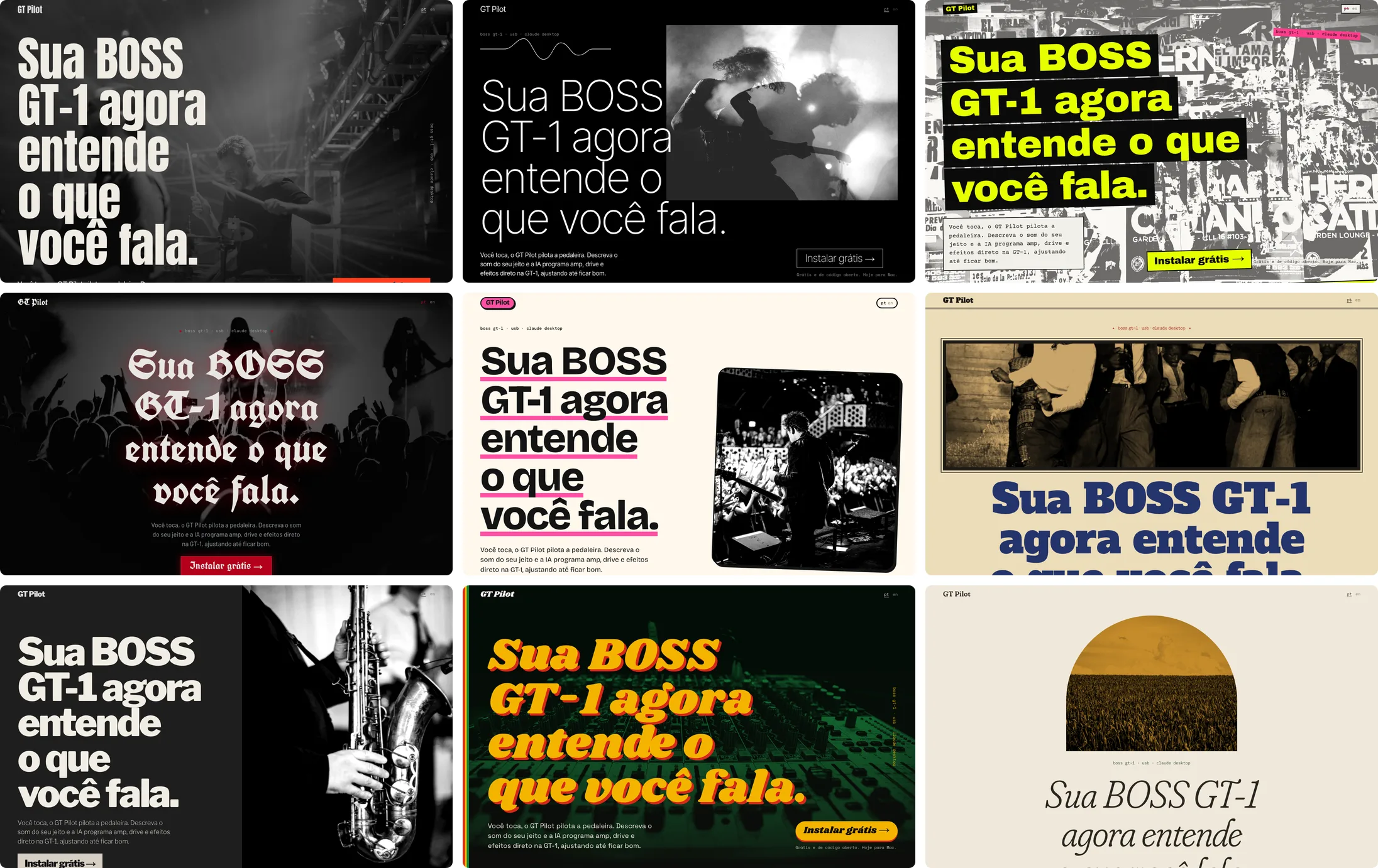 As nove páginas por estilo do GT Pilot: rock, indie, punk, metal, pop-rock, blues, jazz e bossa, reggae e folk