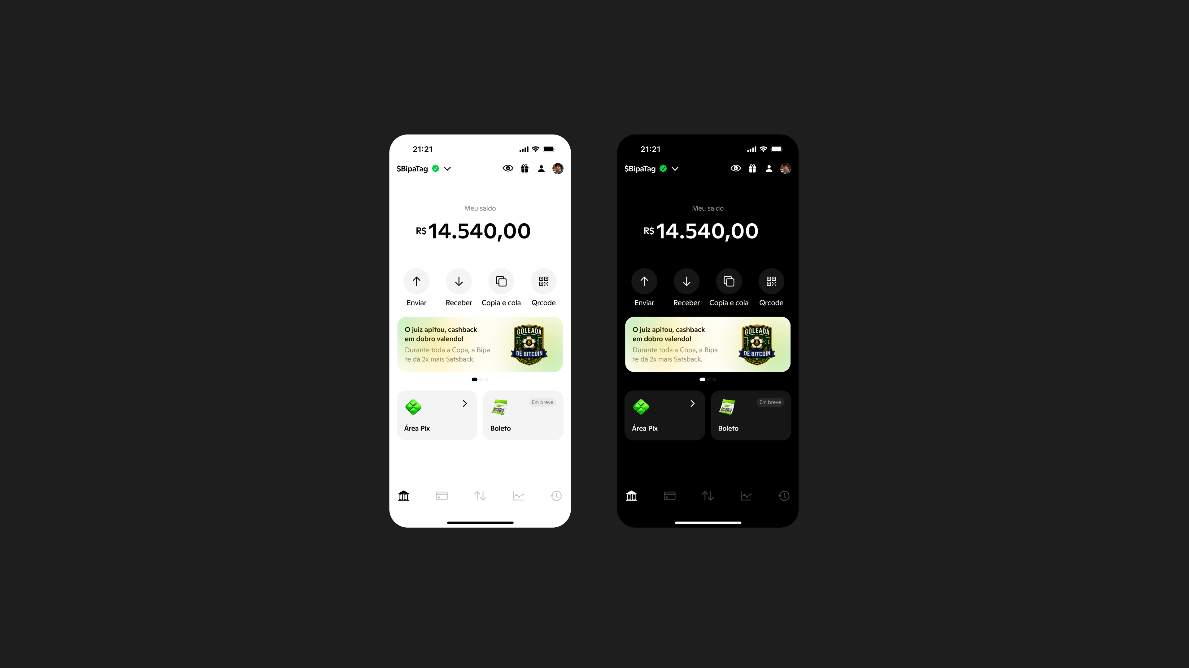 Bipa app home screen, light and dark mode