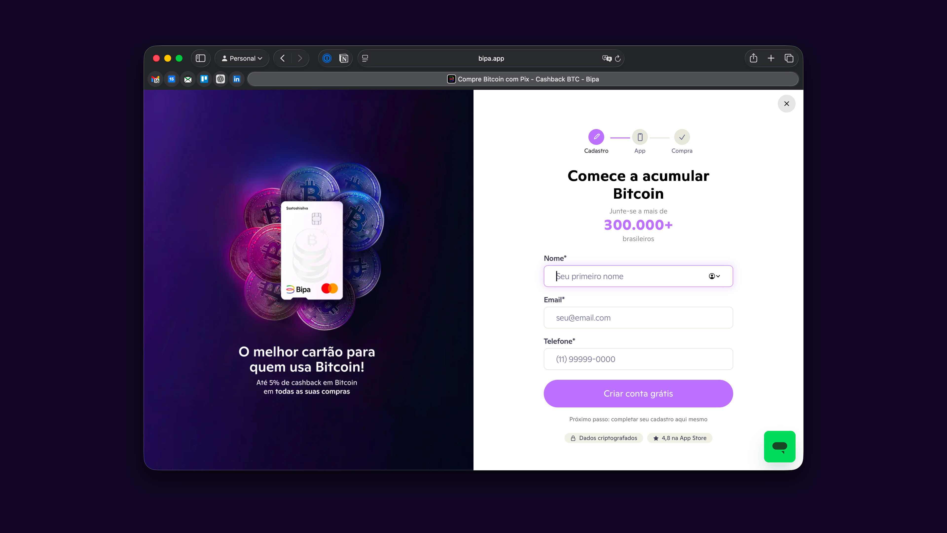 Bipa web signup: landing and account creation form