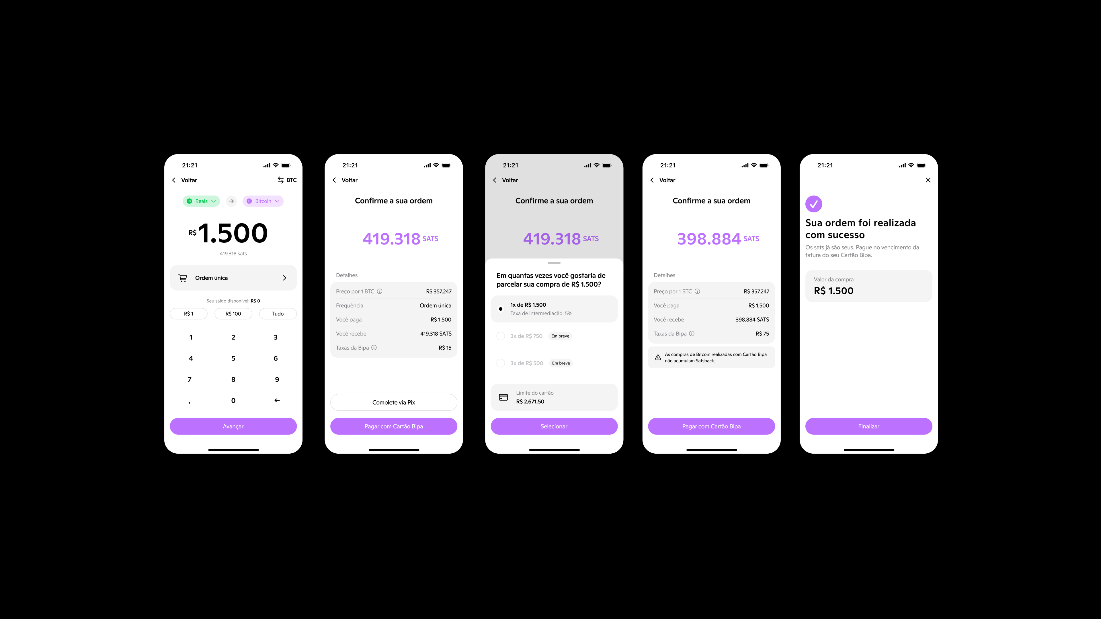 Bitcoin purchase flow: amount, confirmation, installments, payment and success
