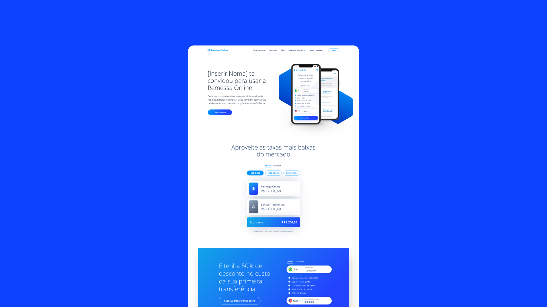 Signup landing with cost savings proof and rate transparency