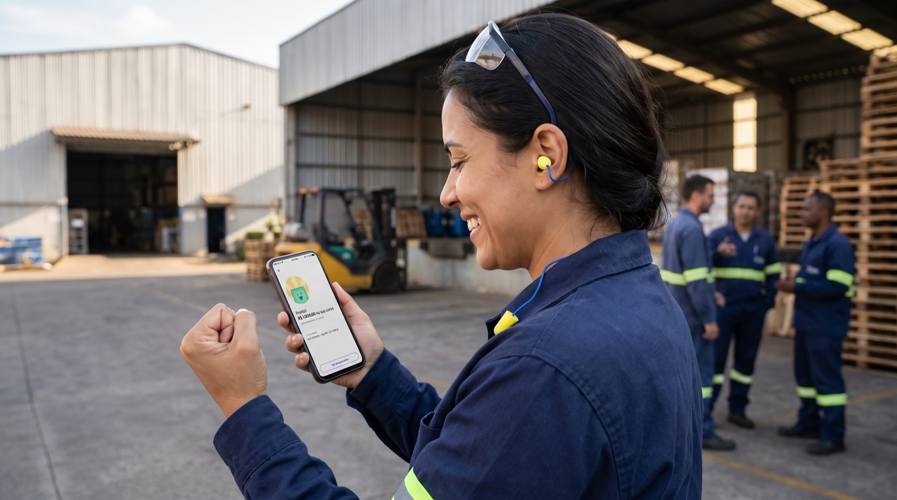Factory worker celebrating her salary advance on her phone, in the plant yard